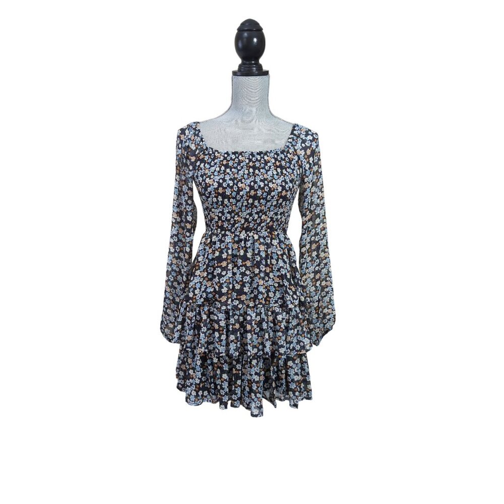Madden Girl Boho Cottagecore Dress Womens‎ M Blue Floral Off Shoulder Romantic